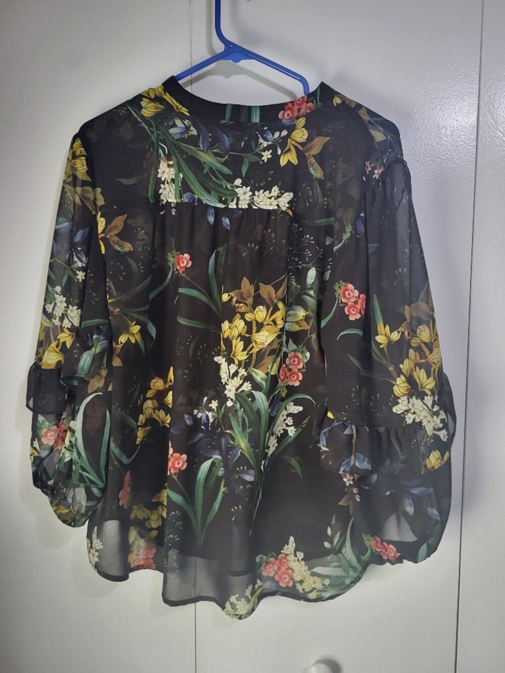 Chico's Womens SZ 2 Black Floral Sheer Blouse Top Whimsigoth Prairie Tassel LG - Picture 2 of 8